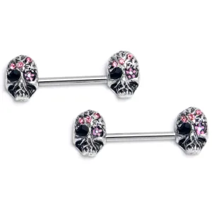 14 Gauge 9/16 Pink Black CZ Gem Stylish Skull Barbell Nipple Ring Set