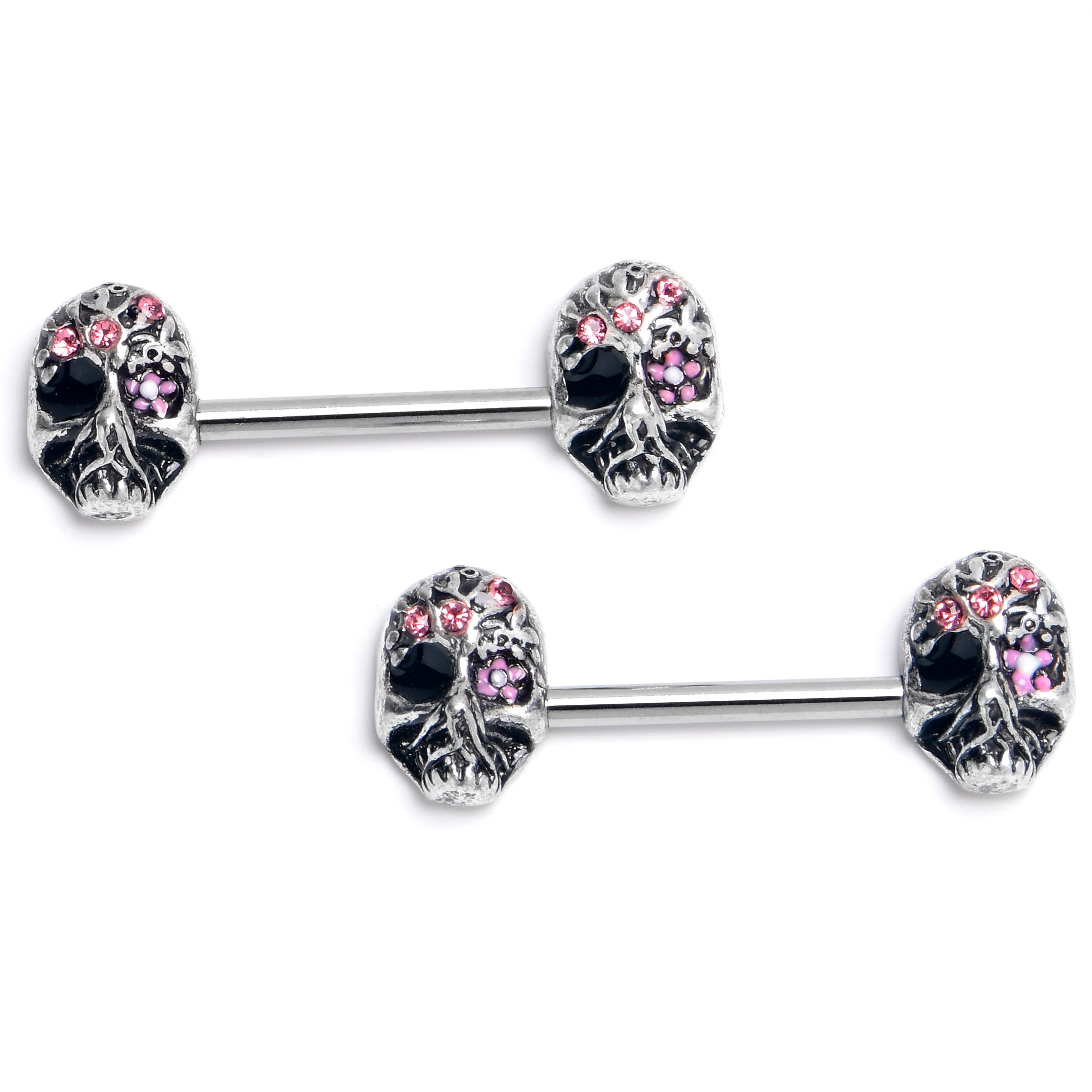14 Gauge 9/16 Pink Black CZ Gem Stylish Skull Barbell Nipple Ring Set