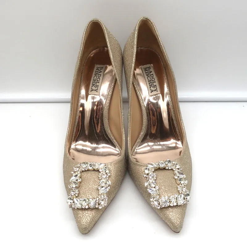 Badgley Mischka Cher Crystal Buckle Pumps Gold Glitter Satin Size 8