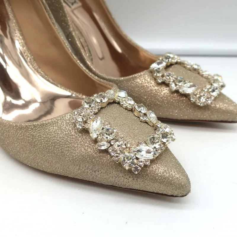 Badgley Mischka Cher Crystal Buckle Pumps Gold Glitter Satin Size 8