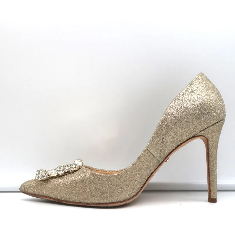 Badgley Mischka Cher Crystal Buckle Pumps Gold Glitter Satin Size 8