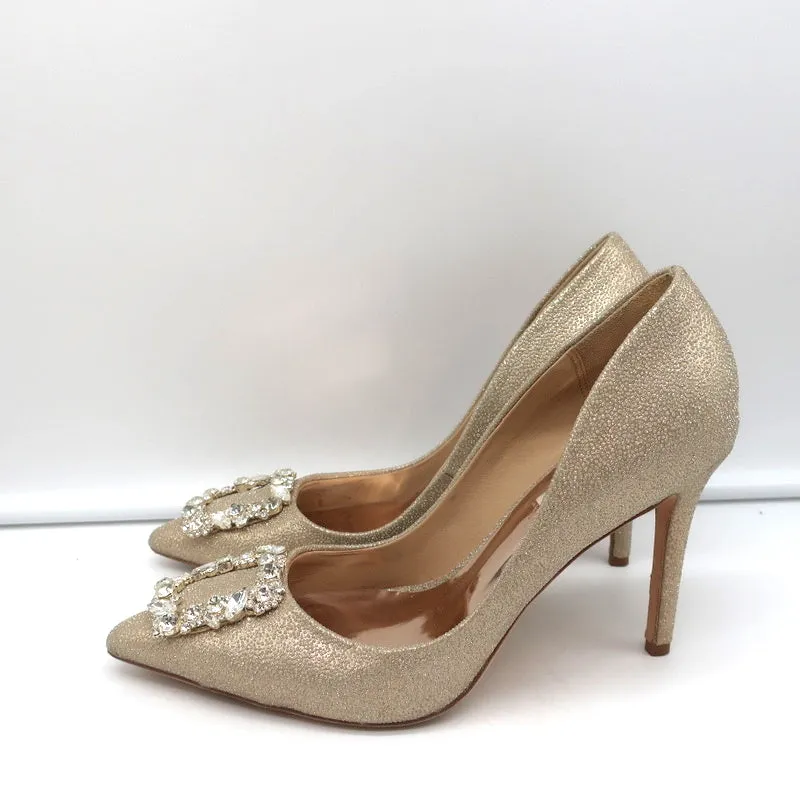 Badgley Mischka Cher Crystal Buckle Pumps Gold Glitter Satin Size 8
