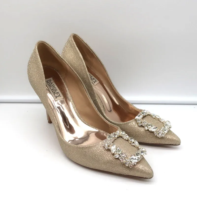 Badgley Mischka Cher Crystal Buckle Pumps Gold Glitter Satin Size 8