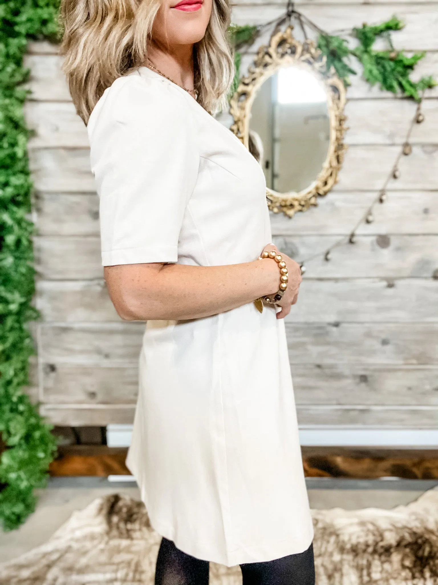 Beige V-Neck Woven Dress