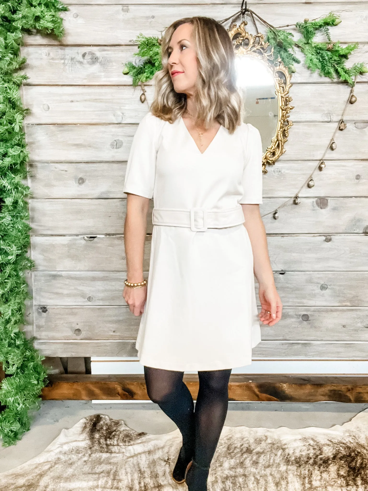 Beige V-Neck Woven Dress