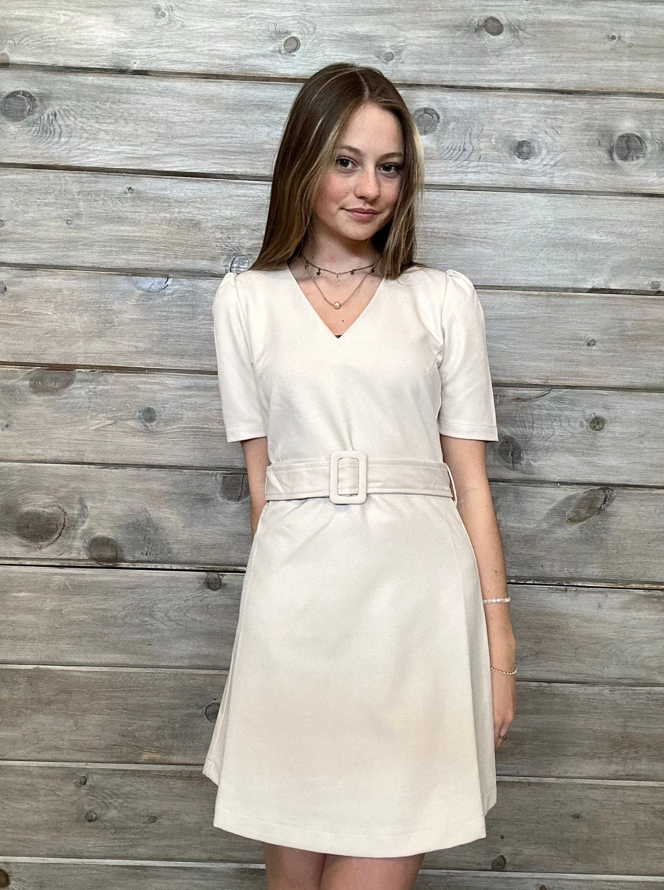 Beige V-Neck Woven Dress