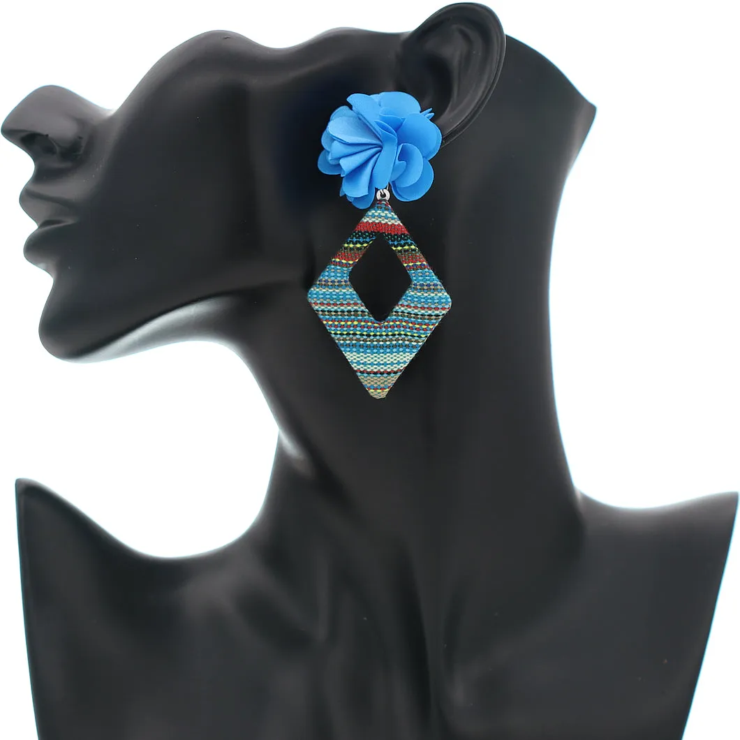 Blue Flower Woven Rhombus Shaped Earrings