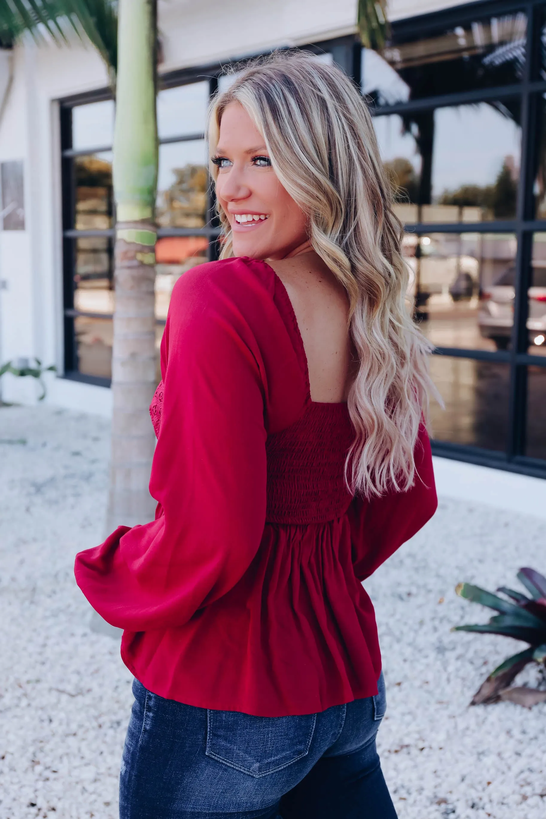 Brinlee Peplum Blouse - Burgundy
