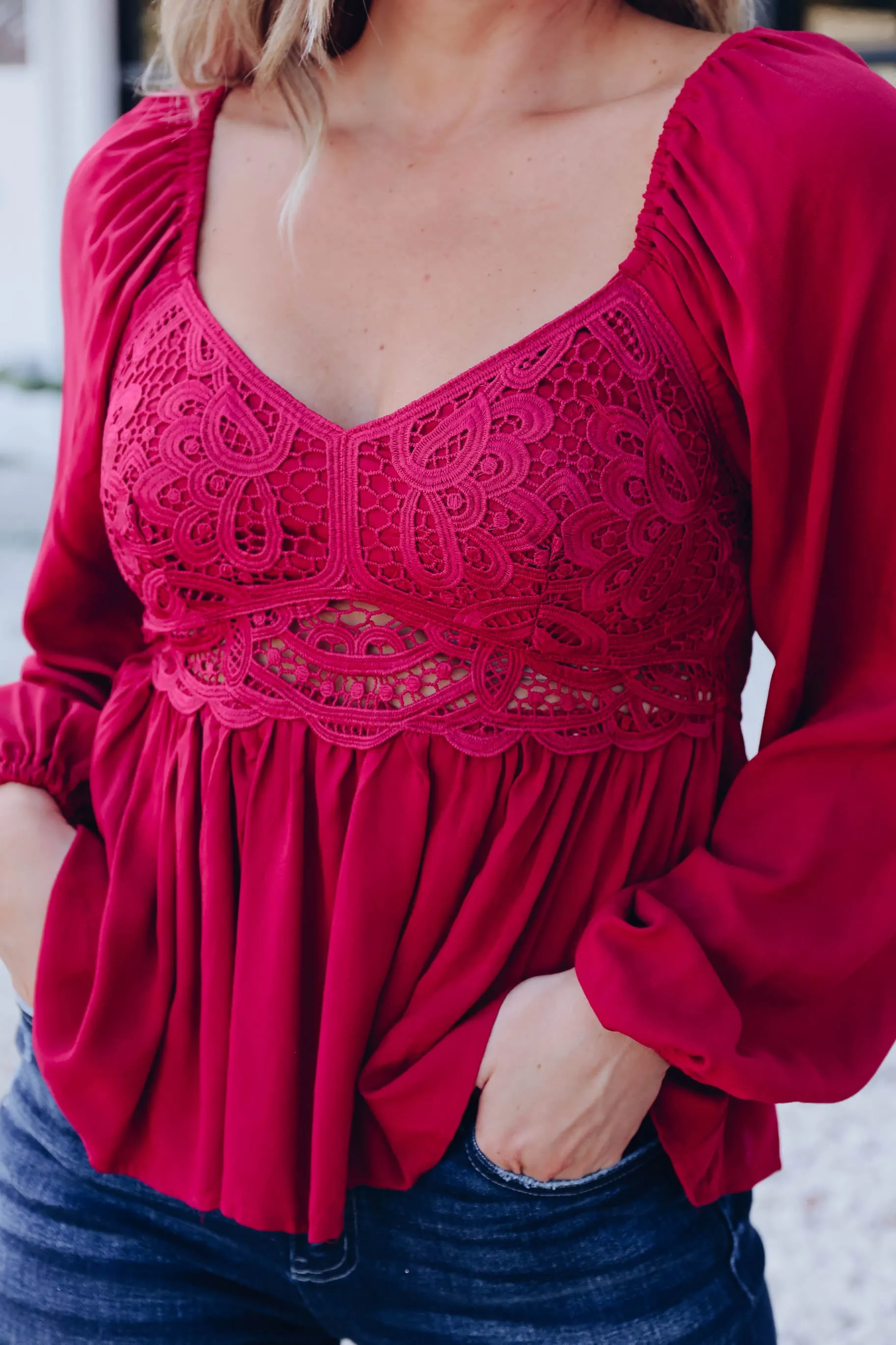 Brinlee Peplum Blouse - Burgundy