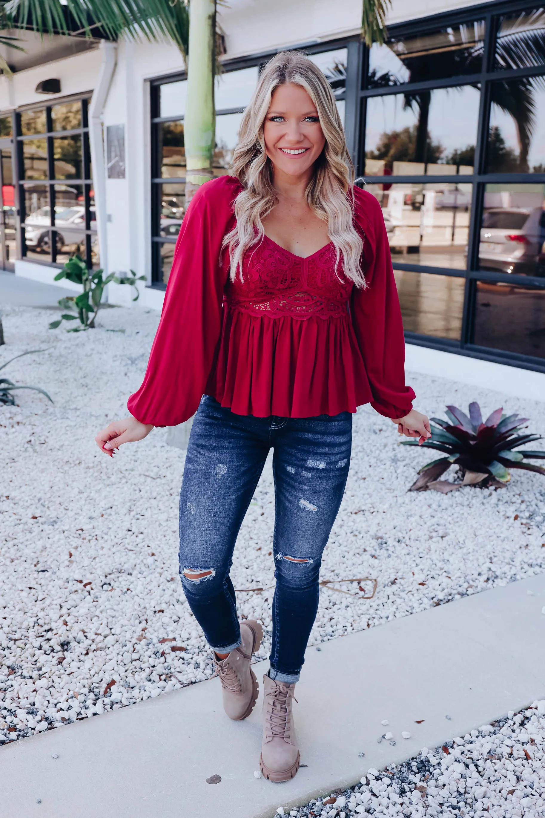 Brinlee Peplum Blouse - Burgundy
