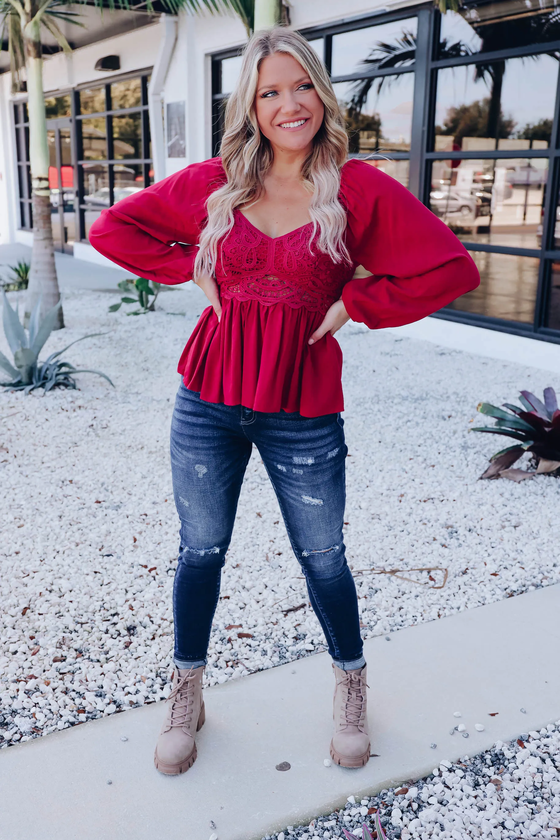 Brinlee Peplum Blouse - Burgundy