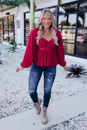 Brinlee Peplum Blouse - Burgundy