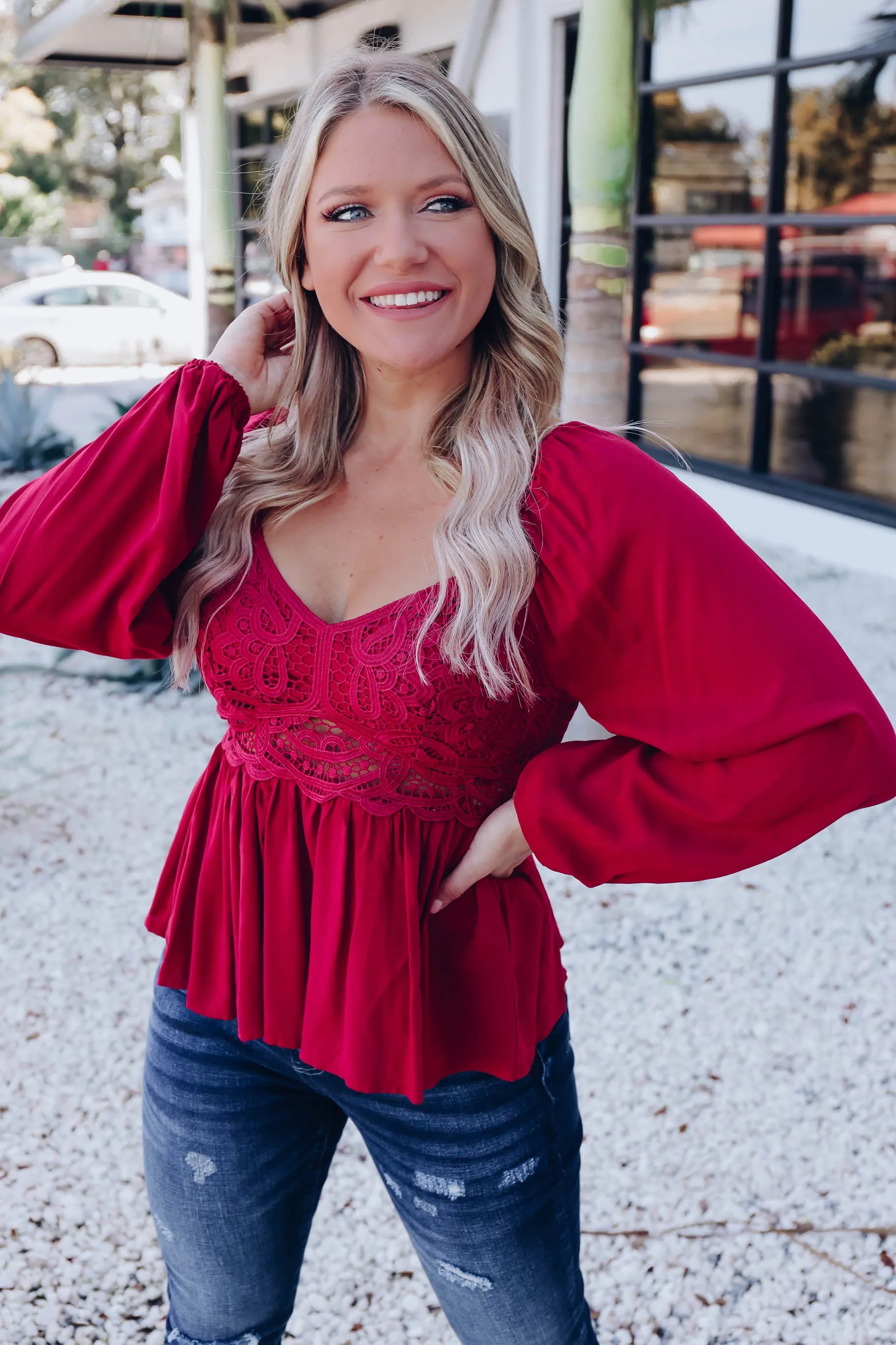 Brinlee Peplum Blouse - Burgundy