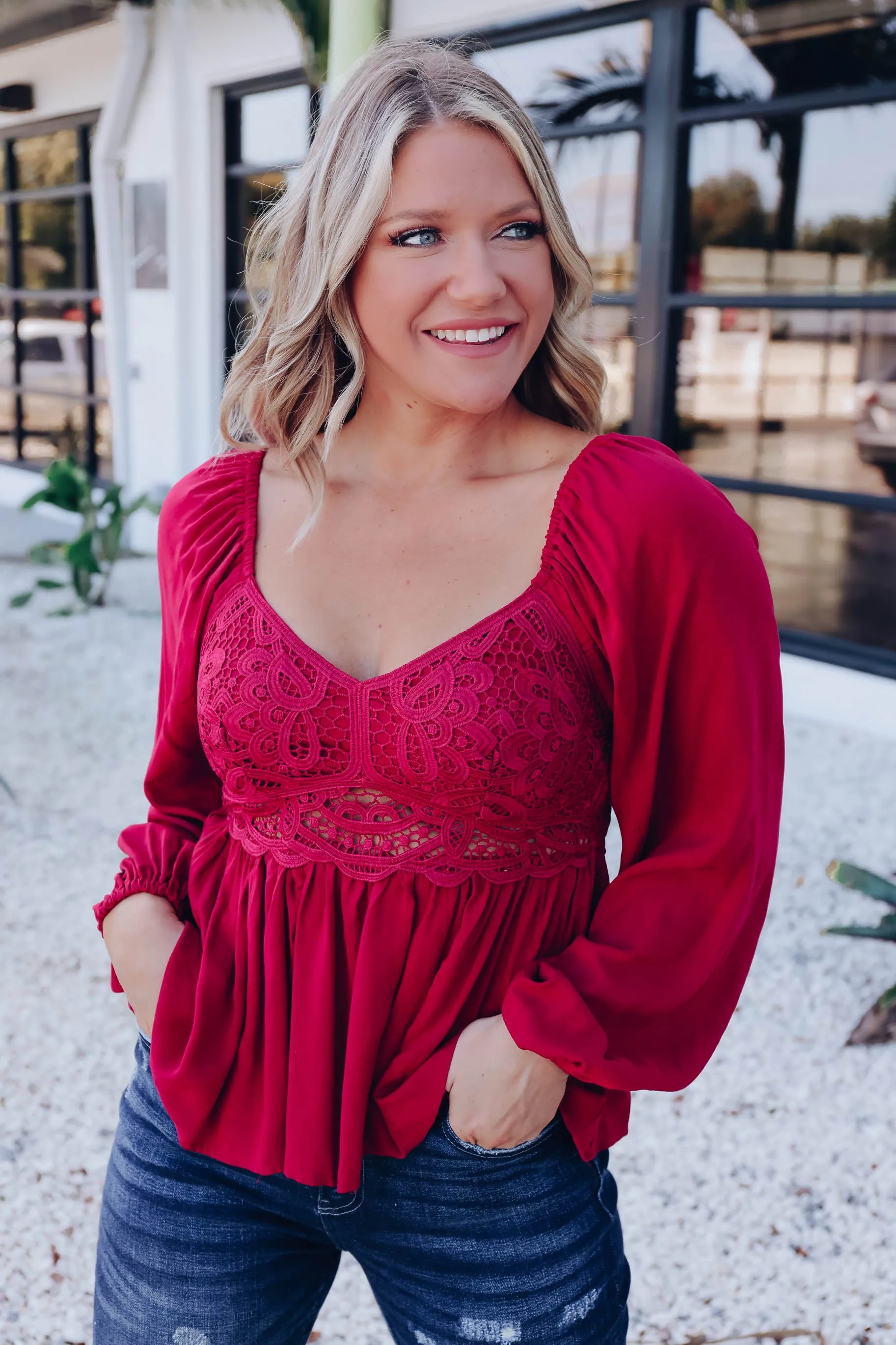 Brinlee Peplum Blouse - Burgundy