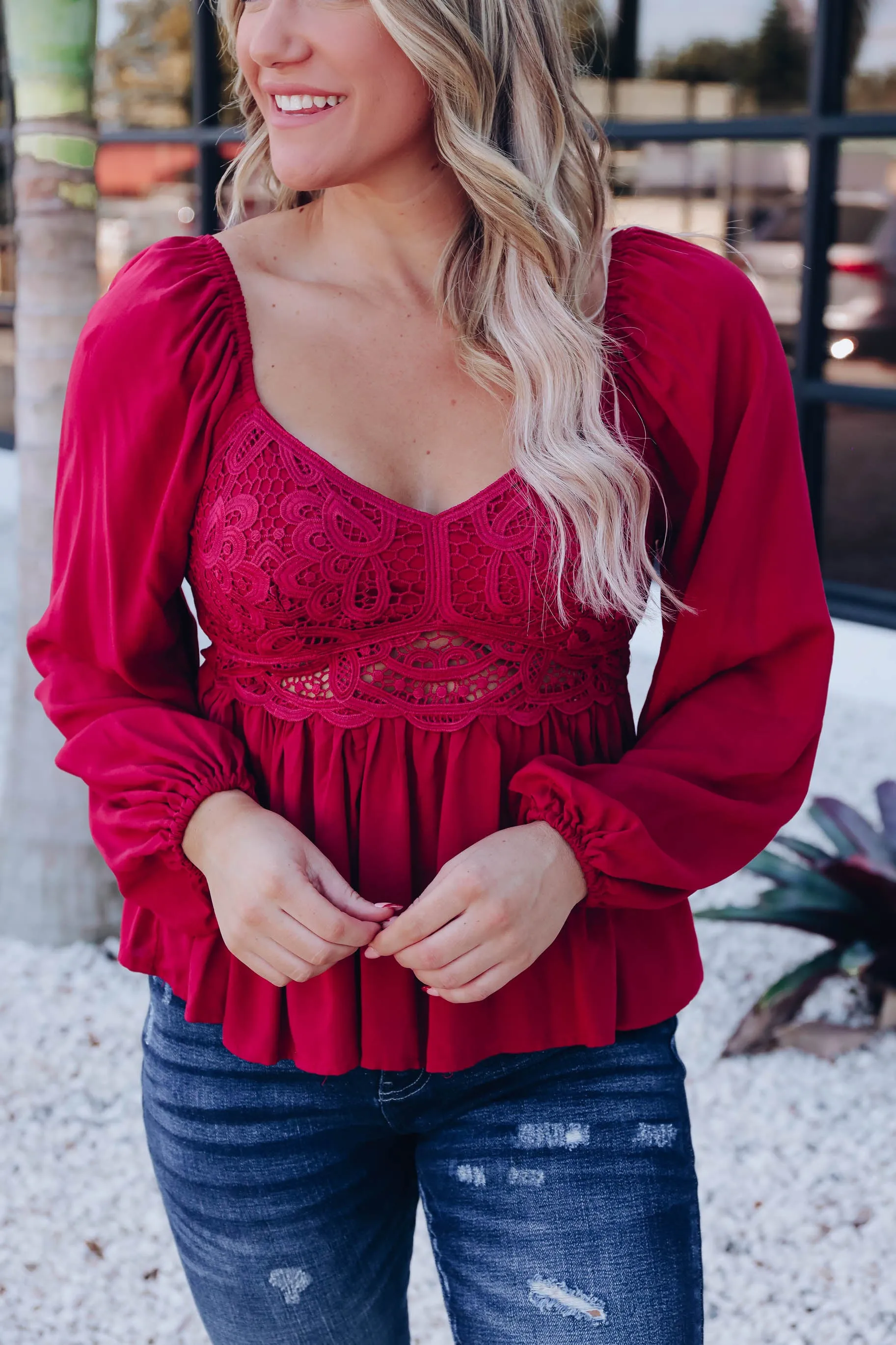 Brinlee Peplum Blouse - Burgundy