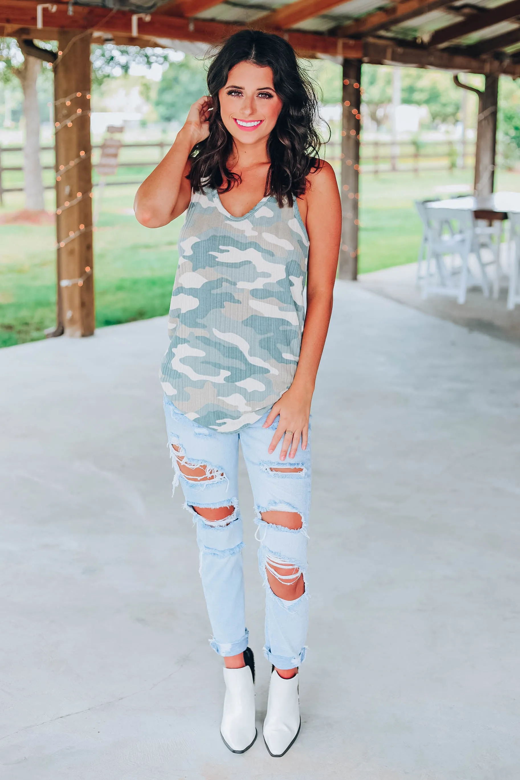 Camo Racer Back Tank - Cream/Tan