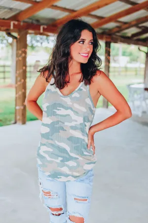 Camo Racer Back Tank - Cream/Tan