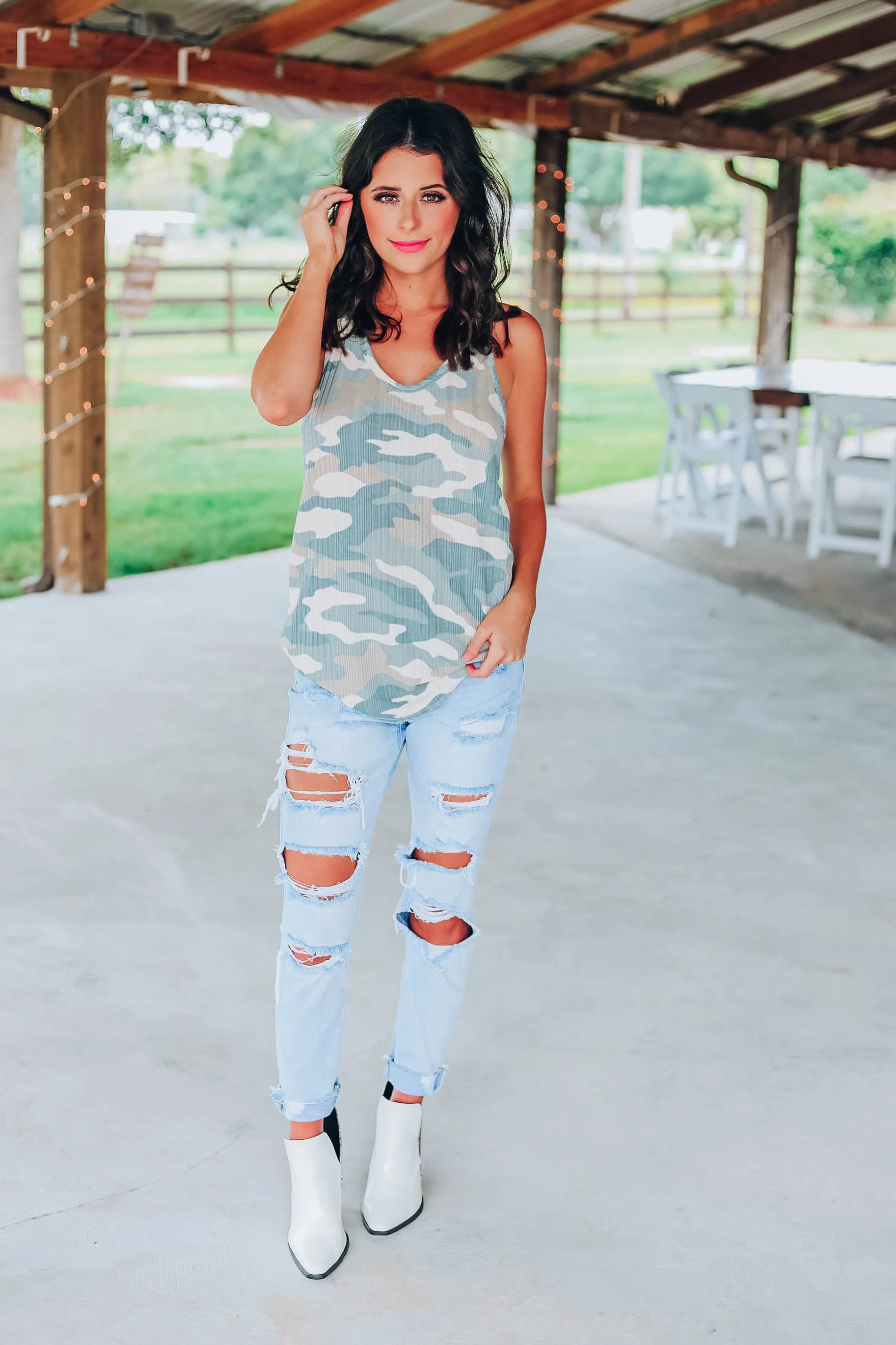 Camo Racer Back Tank - Cream/Tan