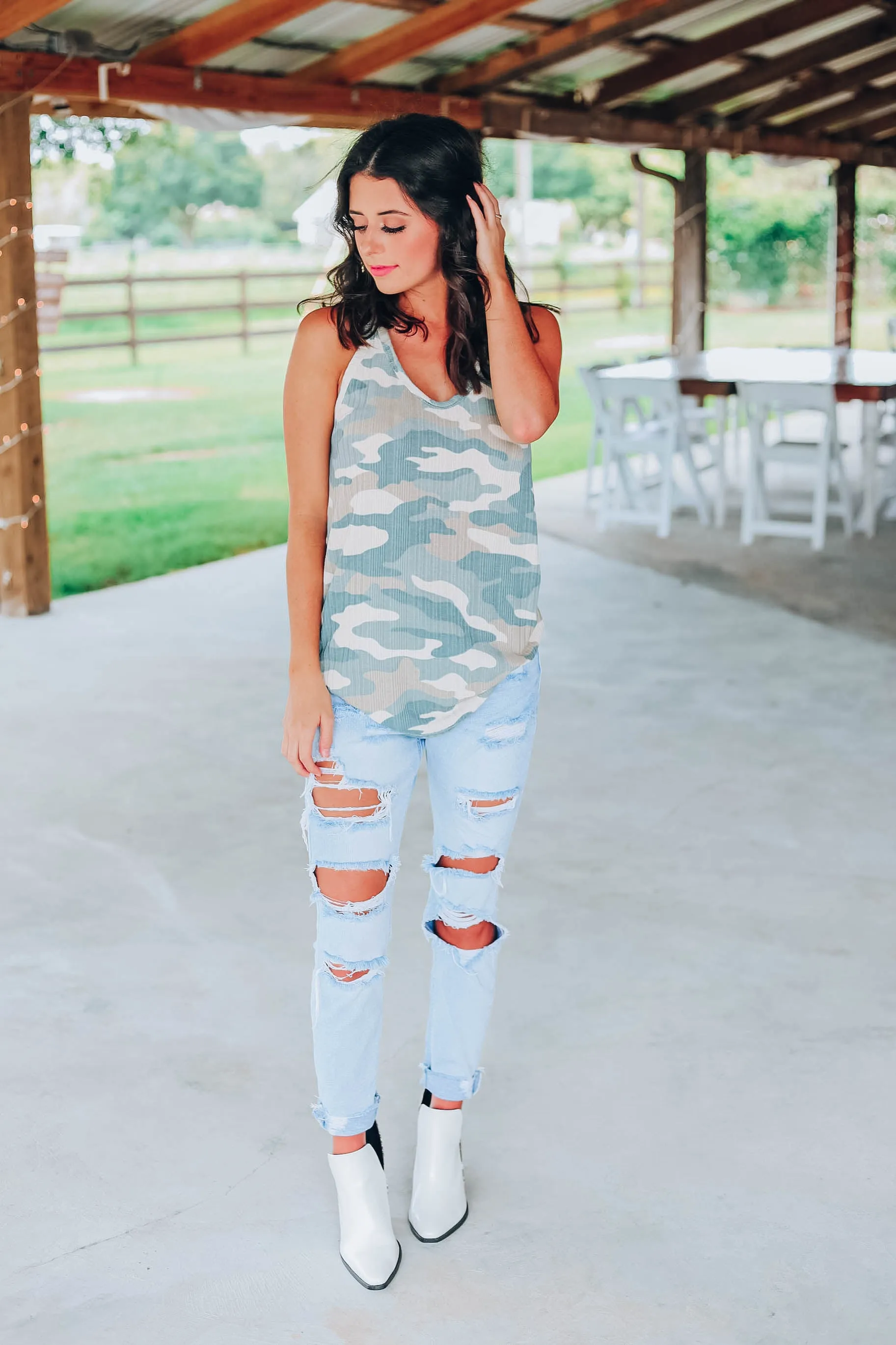 Camo Racer Back Tank - Cream/Tan