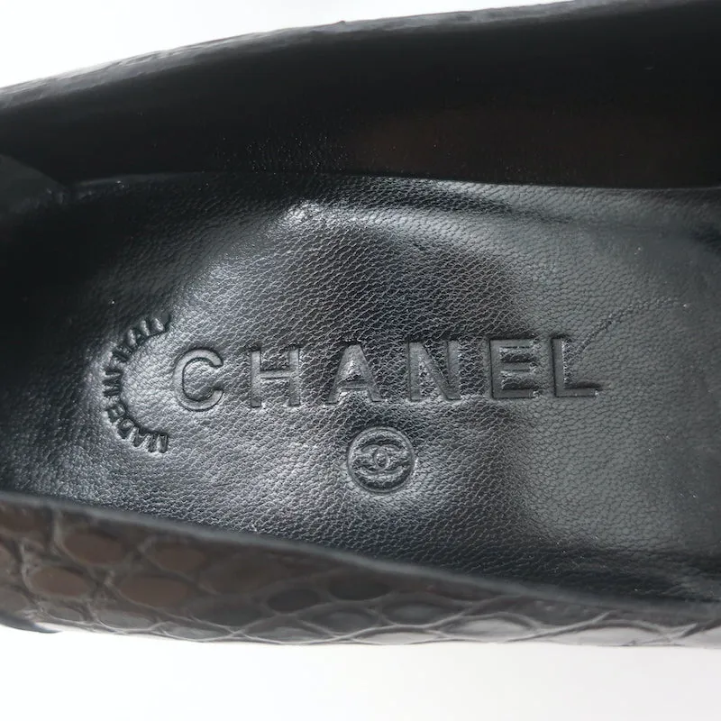 Chanel Croc Pumps Black Leather Size 39.5 Pointed Toe Heels