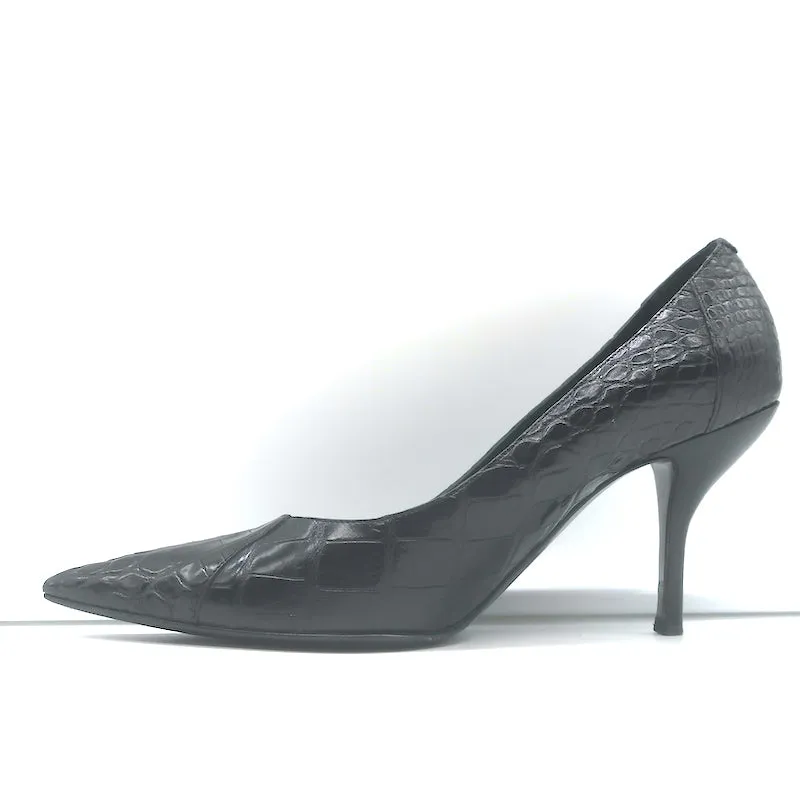 Chanel Croc Pumps Black Leather Size 39.5 Pointed Toe Heels