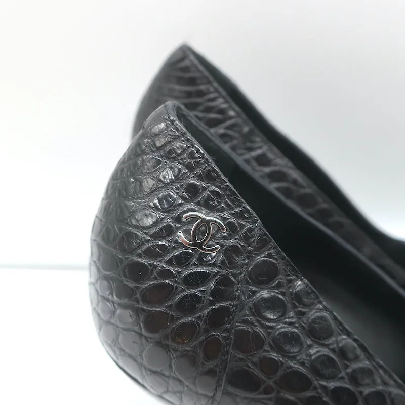 Chanel Croc Pumps Black Leather Size 39.5 Pointed Toe Heels