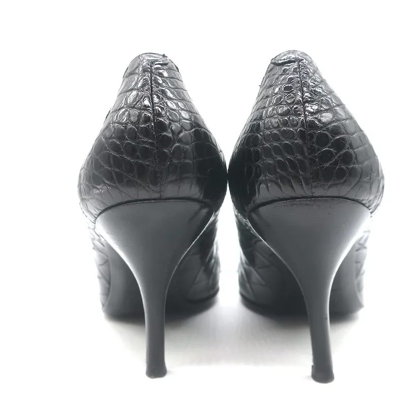 Chanel Croc Pumps Black Leather Size 39.5 Pointed Toe Heels