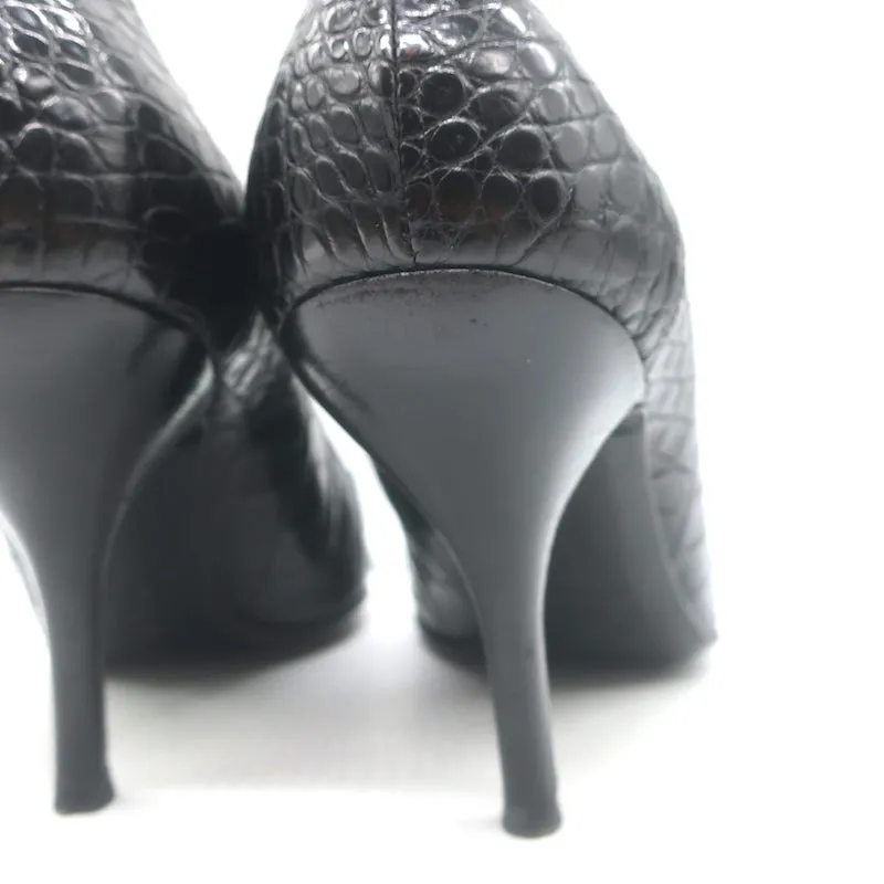 Chanel Croc Pumps Black Leather Size 39.5 Pointed Toe Heels