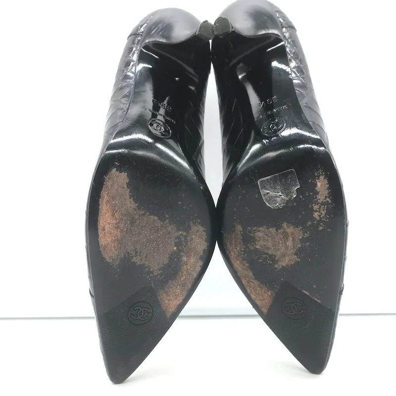 Chanel Croc Pumps Black Leather Size 39.5 Pointed Toe Heels