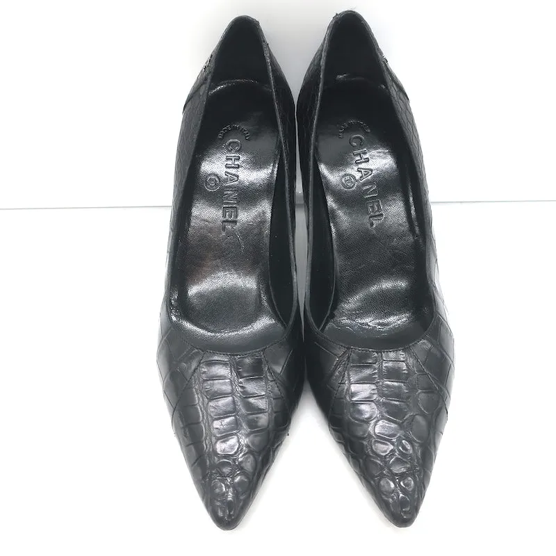 Chanel Croc Pumps Black Leather Size 39.5 Pointed Toe Heels
