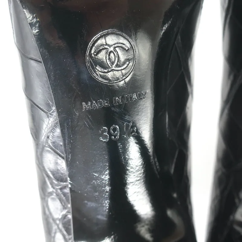 Chanel Croc Pumps Black Leather Size 39.5 Pointed Toe Heels