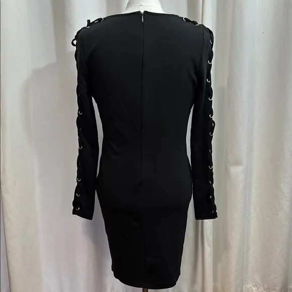 Chic Black V-Neck Dress with Lace-Up Sleeves