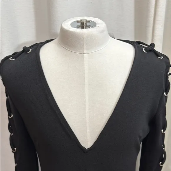 Chic Black V-Neck Dress with Lace-Up Sleeves