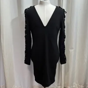 Chic Black V-Neck Dress with Lace-Up Sleeves