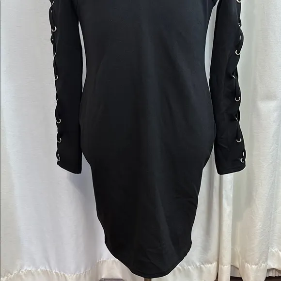 Chic Black V-Neck Dress with Lace-Up Sleeves