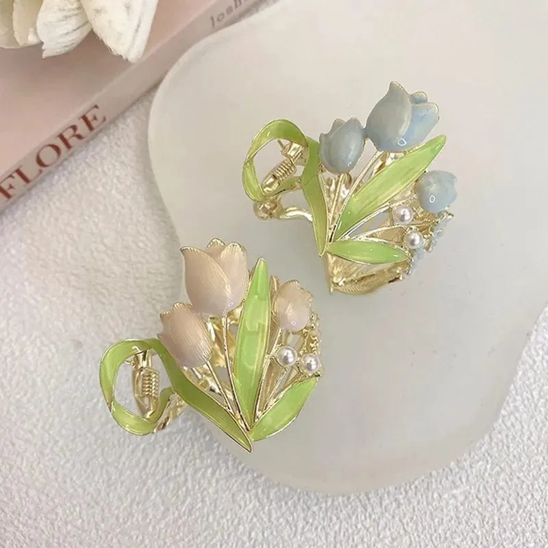 Chic Enamel Pearl Charm Tulip High Ponytail Hair Claw
