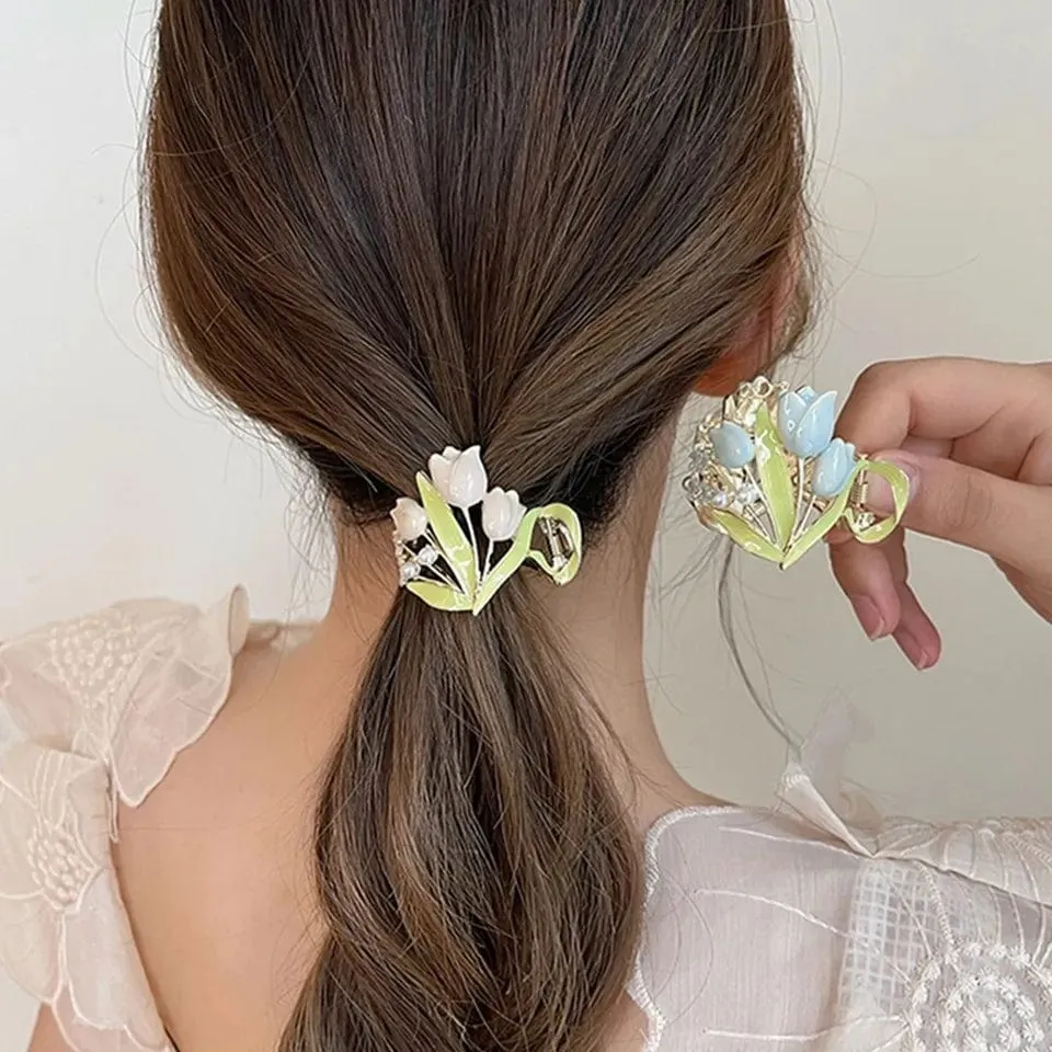 Chic Enamel Pearl Charm Tulip High Ponytail Hair Claw