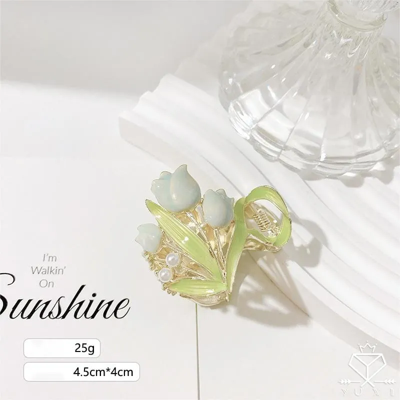 Chic Enamel Pearl Charm Tulip High Ponytail Hair Claw