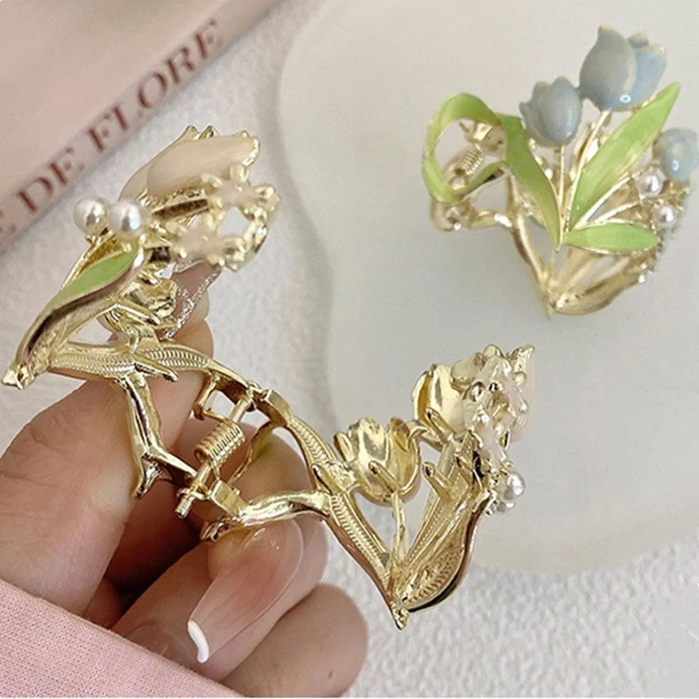 Chic Enamel Pearl Charm Tulip High Ponytail Hair Claw