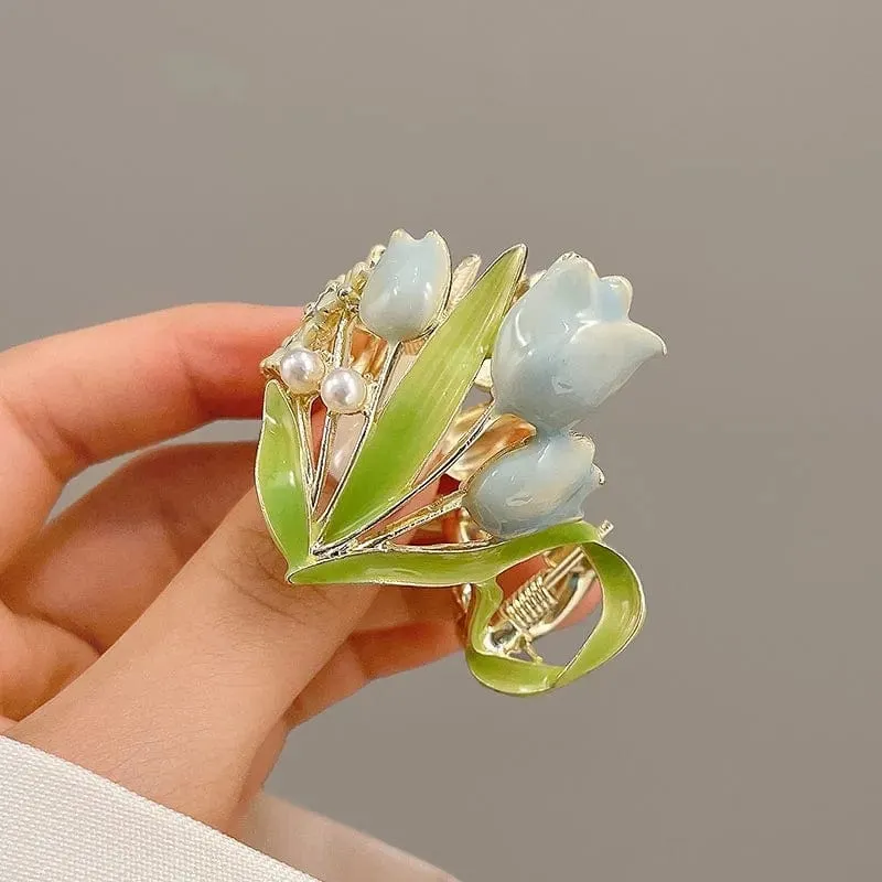 Chic Enamel Pearl Charm Tulip High Ponytail Hair Claw