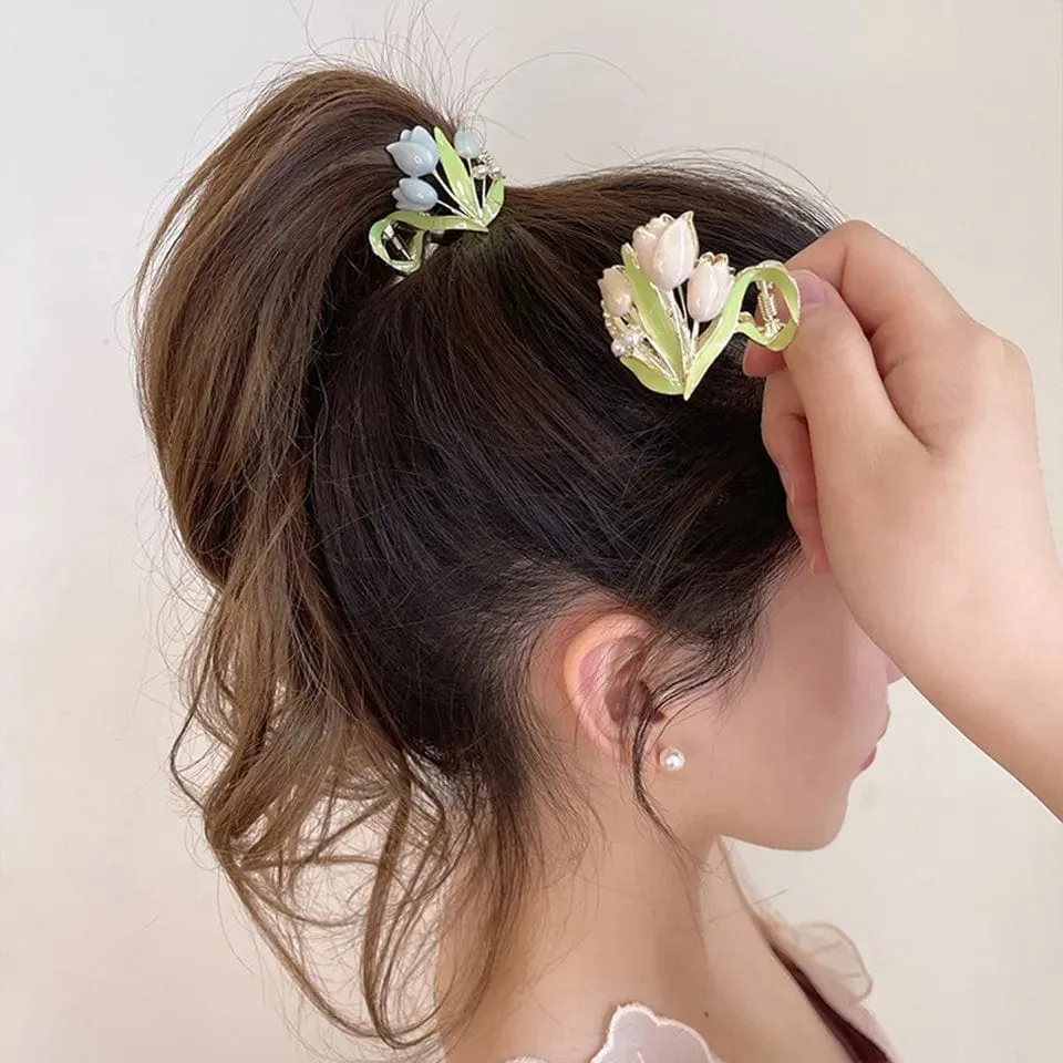 Chic Enamel Pearl Charm Tulip High Ponytail Hair Claw