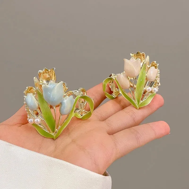 Chic Enamel Pearl Charm Tulip High Ponytail Hair Claw