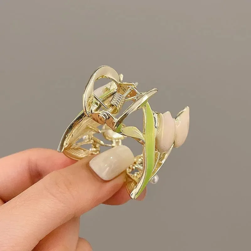 Chic Enamel Pearl Charm Tulip High Ponytail Hair Claw