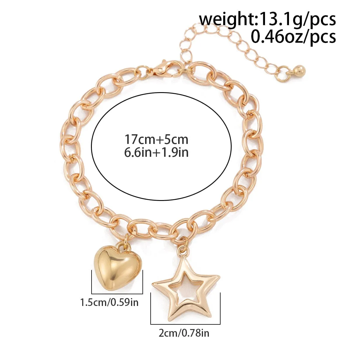 Chic Hollow Star Heart Charm Cable Chain Bracelet