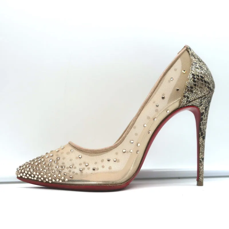 Christian Louboutin Follies Strass 100 Pumps Nude Mesh & Gold Glitter Size 37