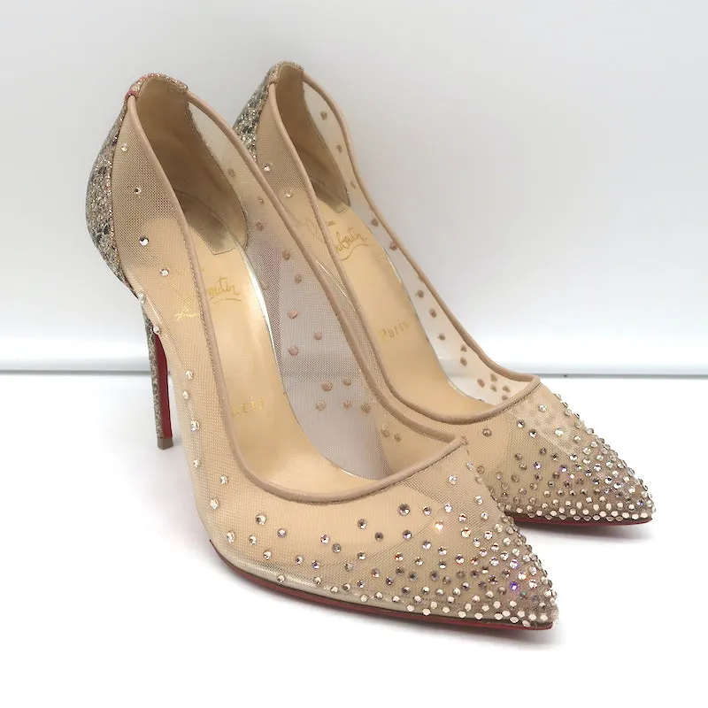 Christian Louboutin Follies Strass 100 Pumps Nude Mesh & Gold Glitter Size 37