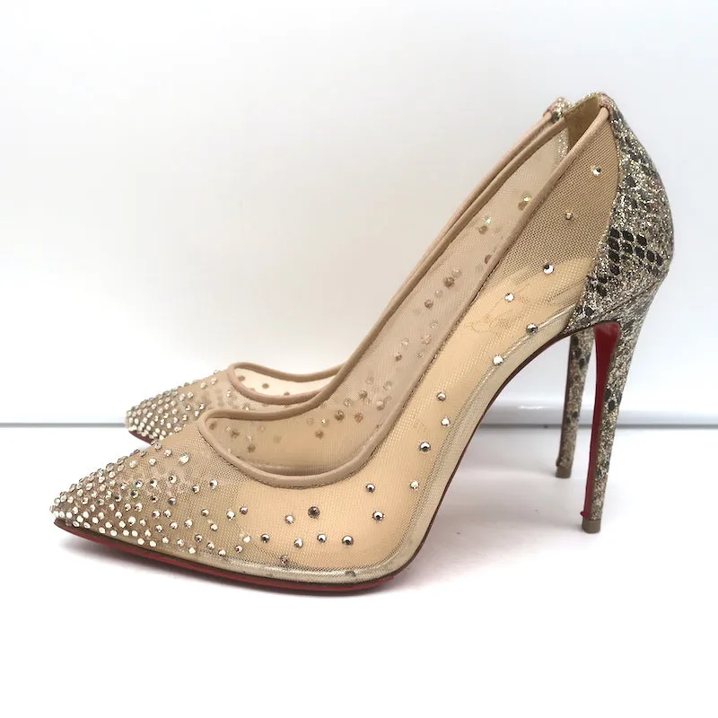 Christian Louboutin Follies Strass 100 Pumps Nude Mesh & Gold Glitter Size 37
