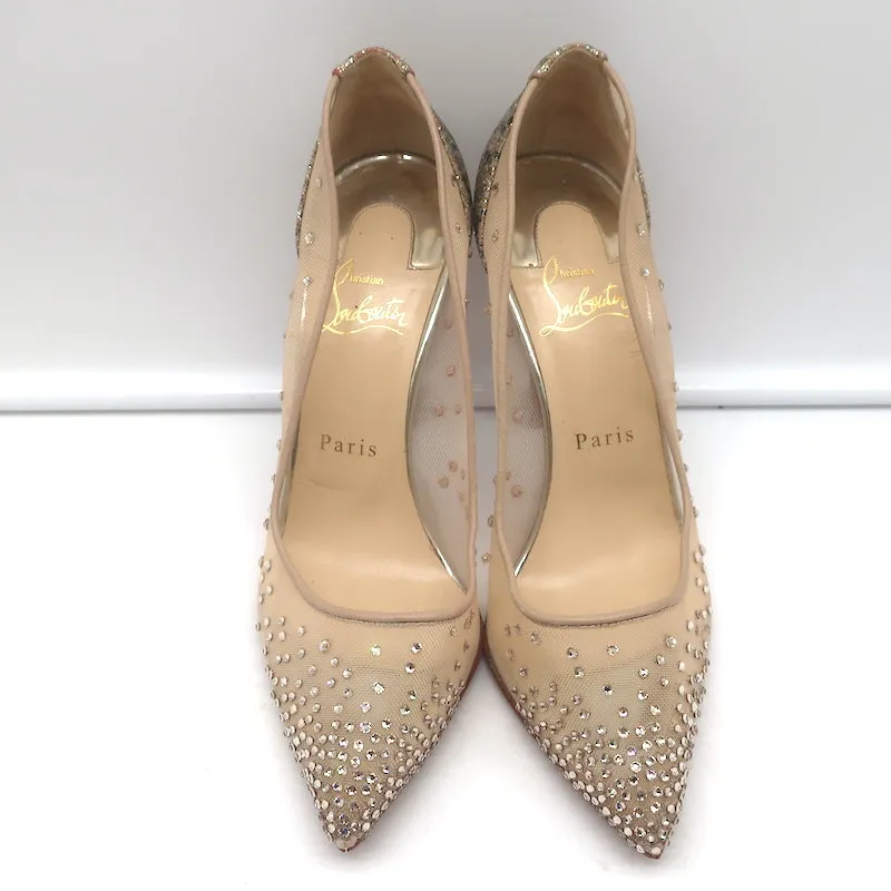 Christian Louboutin Follies Strass 100 Pumps Nude Mesh & Gold Glitter Size 37