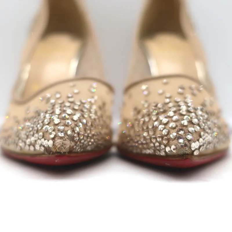Christian Louboutin Follies Strass 100 Pumps Nude Mesh & Gold Glitter Size 37