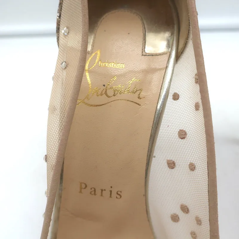 Christian Louboutin Follies Strass 100 Pumps Nude Mesh & Gold Glitter Size 37